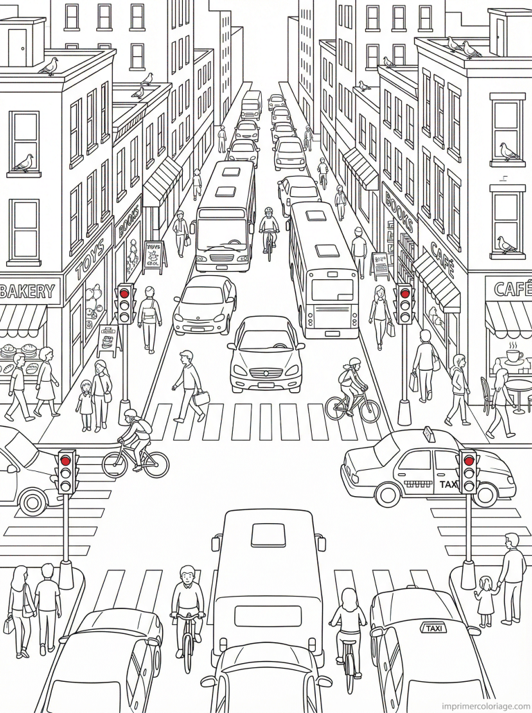 coloriage voiture embouteillage ville pigeons - dessin gratuit &agrave; imprimer