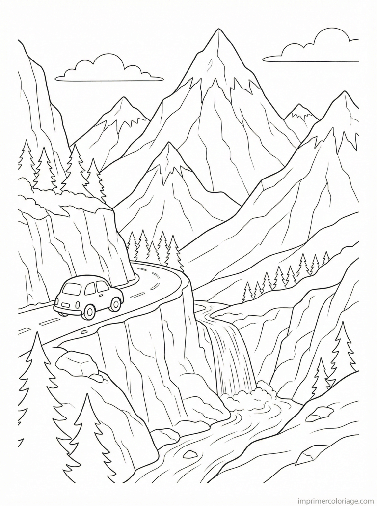 coloriage voiture montagne col cascade - dessin gratuit &agrave; imprimer