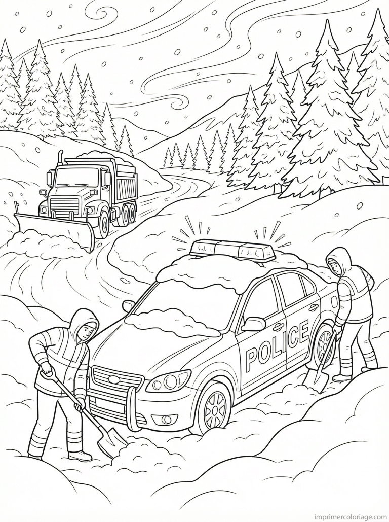 coloriage voiture police neige montagne - dessin gratuit &agrave; imprimer