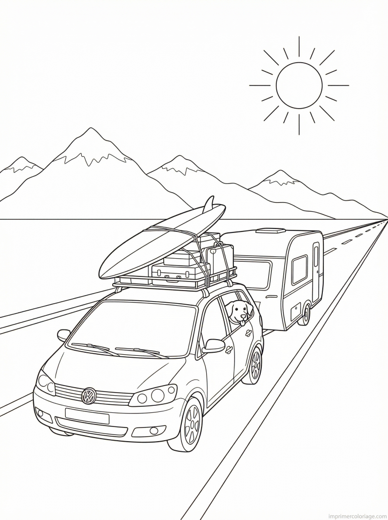 coloriage voiture vacances chien caravane - dessin gratuit &agrave; imprimer