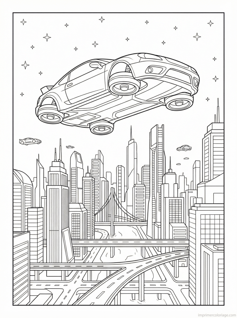 coloriage voiture volante futuriste ville - dessin gratuit &agrave; imprimer