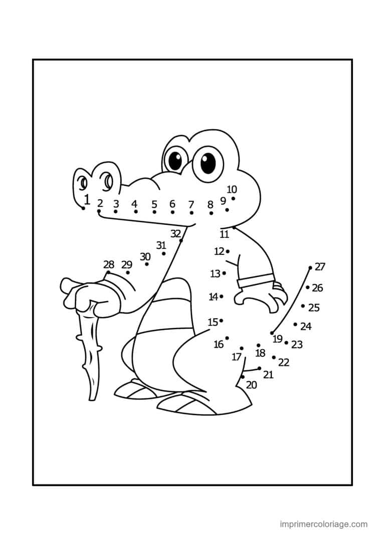 point a relier 1 a 32 crocodile avec un baton - dessin gratuit &agrave; imprimer
