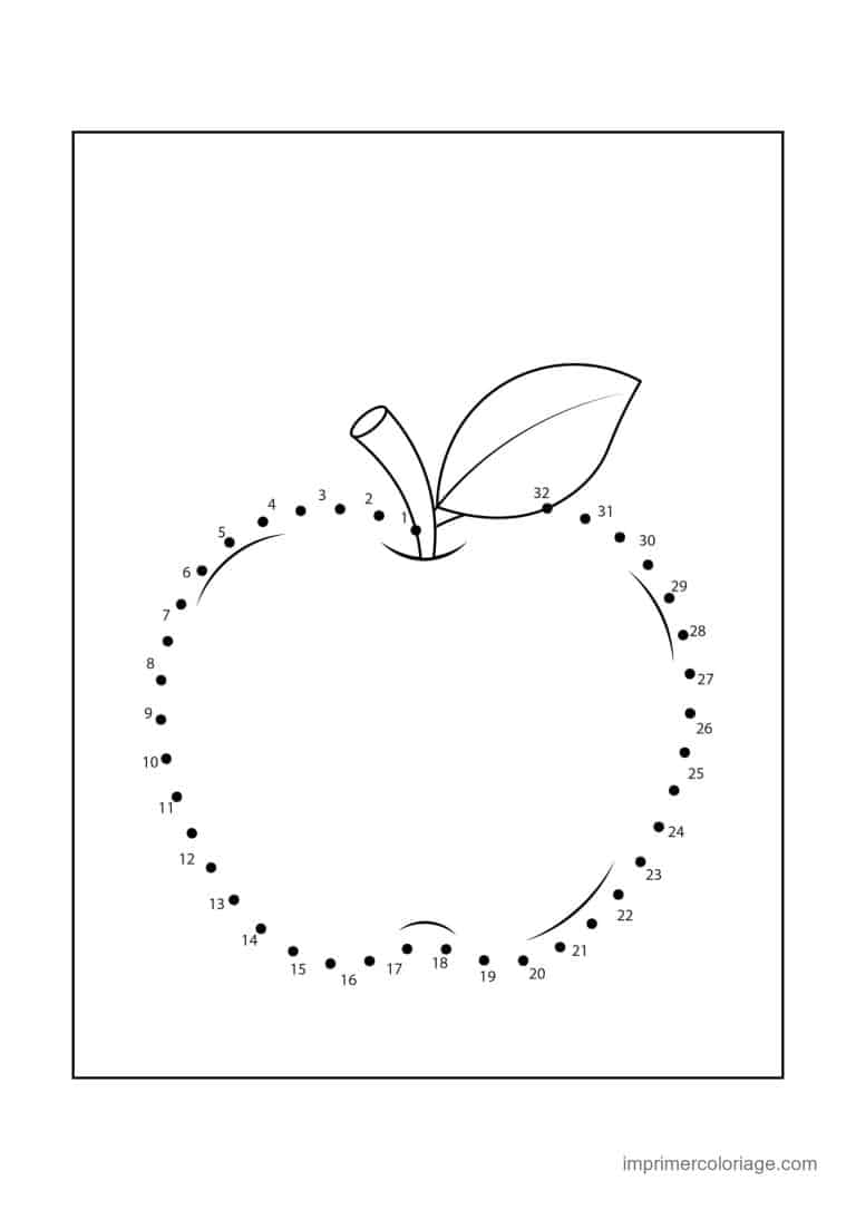 point a relier 1 a 32 pomme avec feuille - dessin gratuit &agrave; imprimer