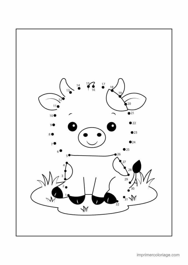 point a relier 1 a 32 vache avec un noeud - dessin gratuit &agrave; imprimer