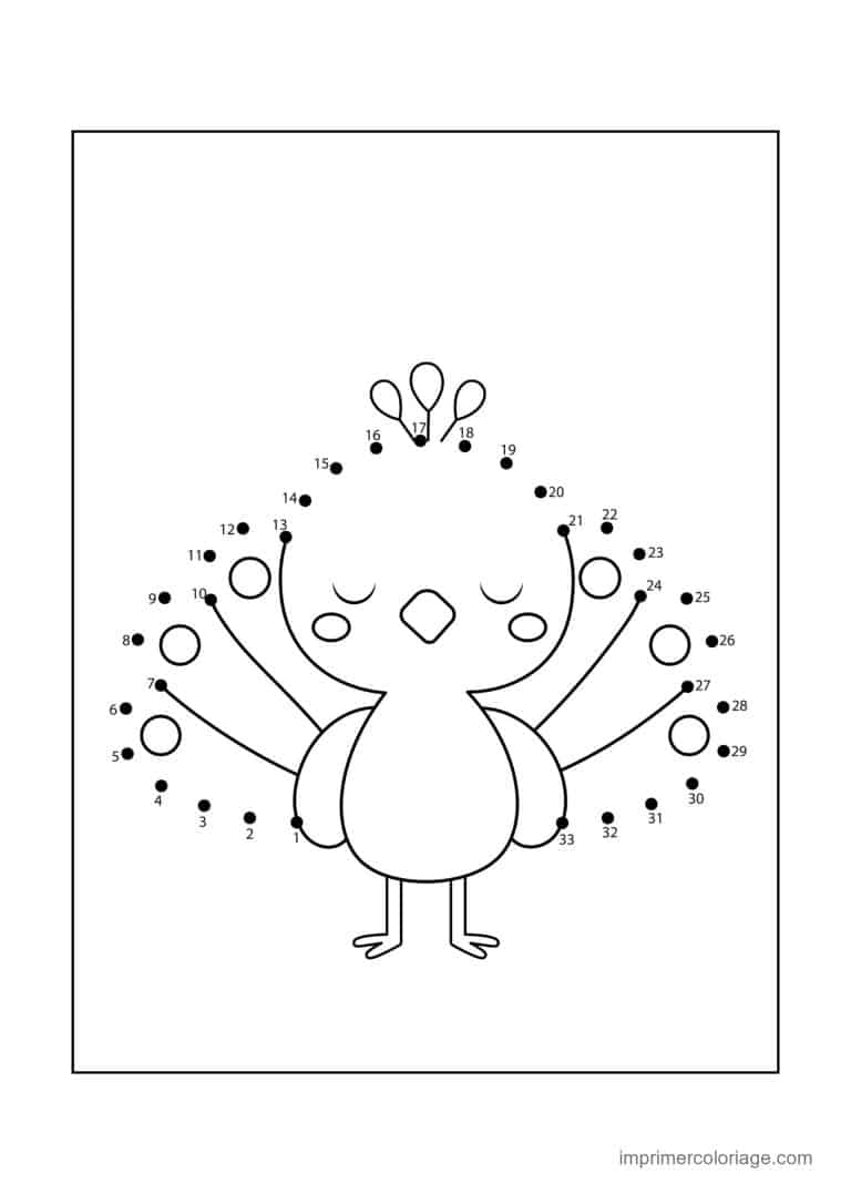 point a relier 1 a 33 paon qui fait la roue - dessin gratuit &agrave; imprimer