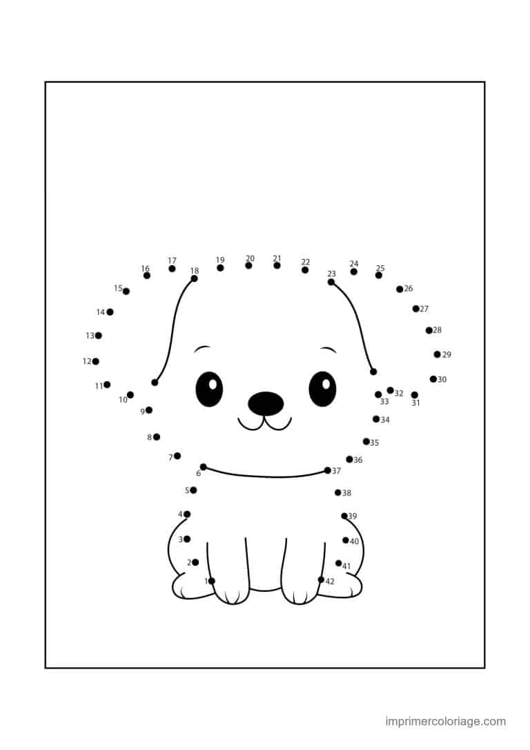 point a relier 1 a 42 chiot assis - dessin gratuit &agrave; imprimer