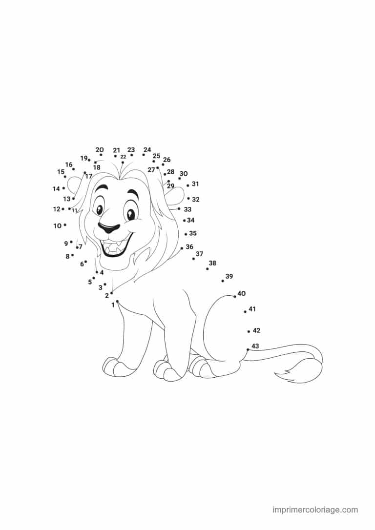 point a relier 1 a 43 lion assis souriant - dessin gratuit &agrave; imprimer