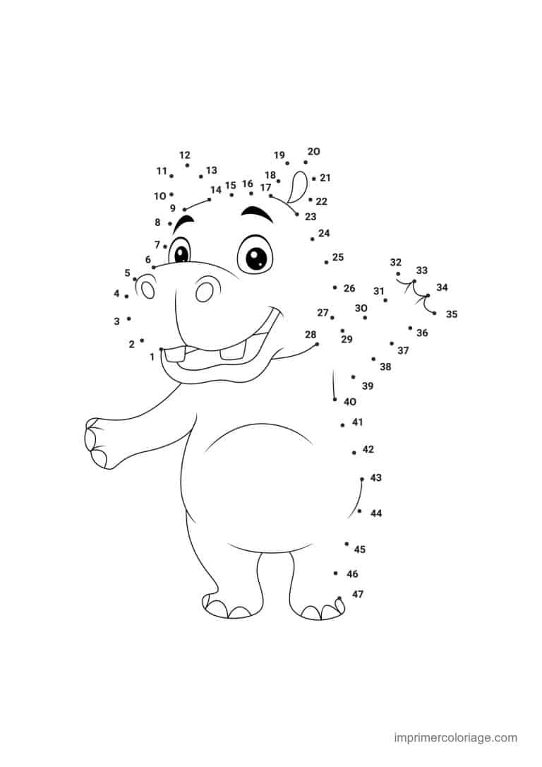 point a relier 1 a 47 hippopotame debout - dessin gratuit &agrave; imprimer