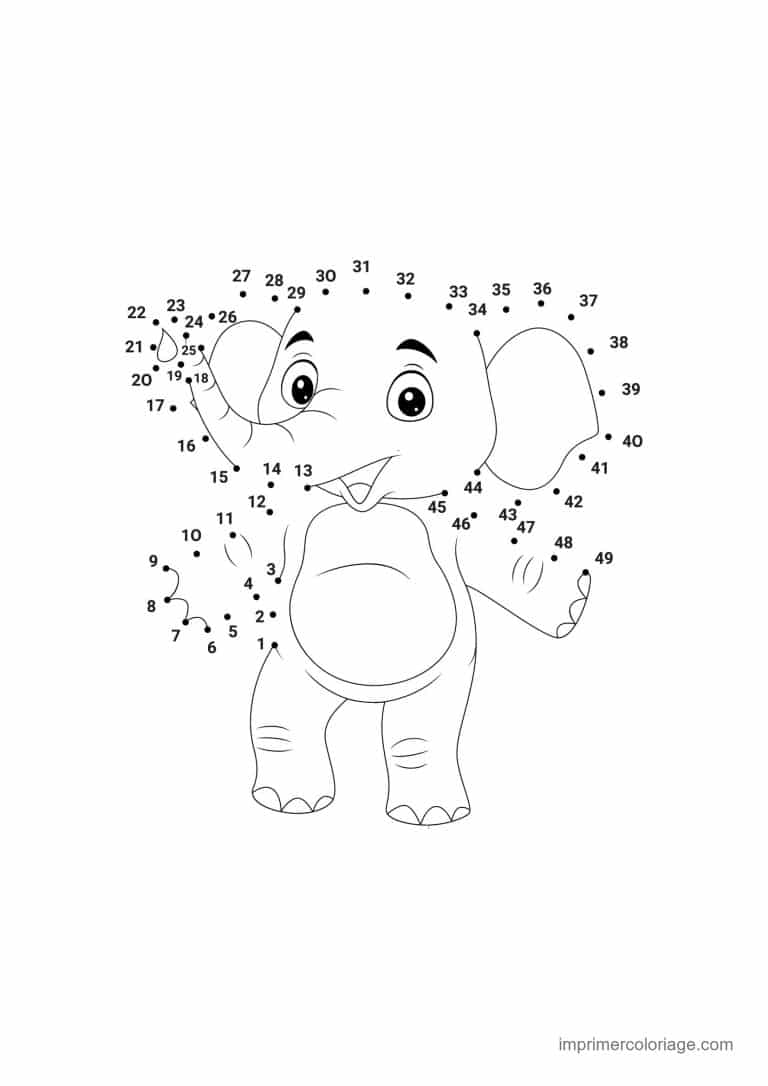 point a relier 1 a 49 elephant qui salue - dessin gratuit &agrave; imprimer
