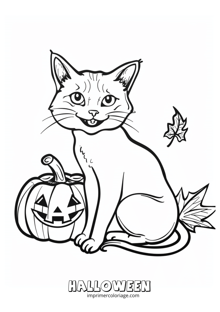 Coloriage de chat noir avec citrouille - dessin gratuit &agrave; imprimer