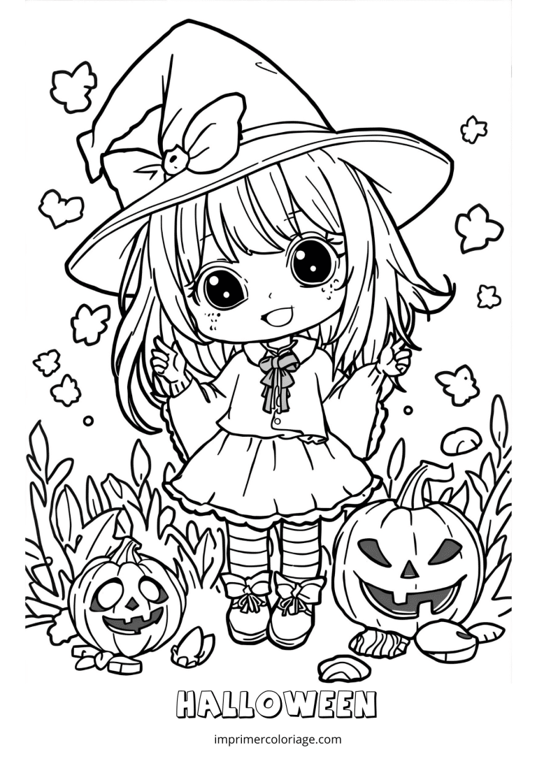 Coloriage sorci&egrave;re halloween kawaii - dessin gratuit &agrave; imprimer