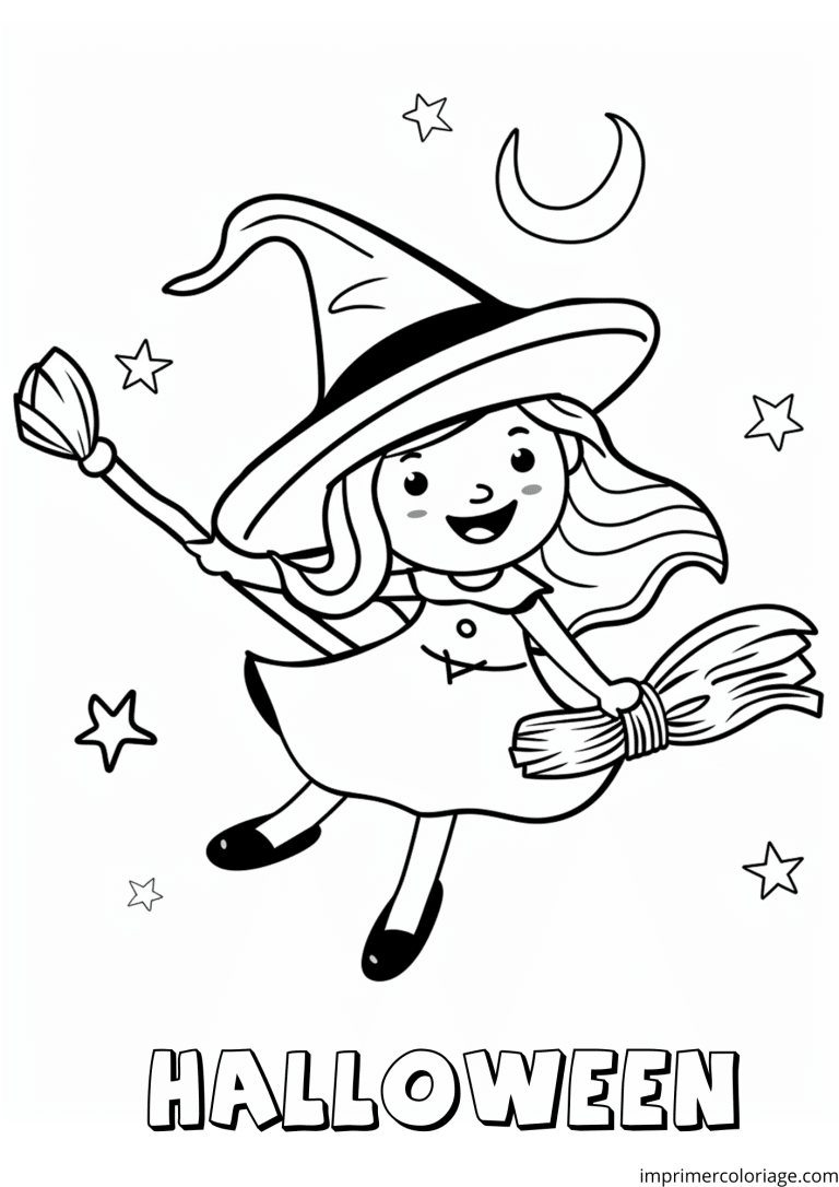 Dessin de sorci&egrave;re pour coloriage Halloween &agrave; t&eacute;l&eacute;charger en PDF - dessin gratuit &agrave; imprimer