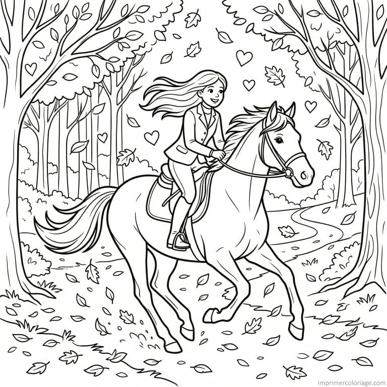 coloriage cheval fille canter foret automne - dessin gratuit &agrave; imprimer