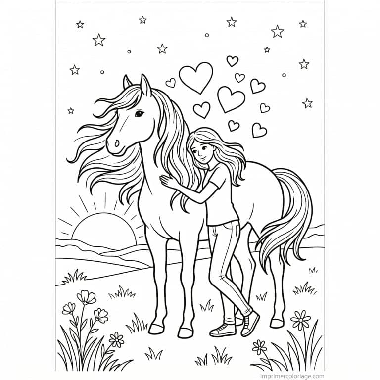 coloriage cheval fille coucher soleil amitie - dessin gratuit &agrave; imprimer