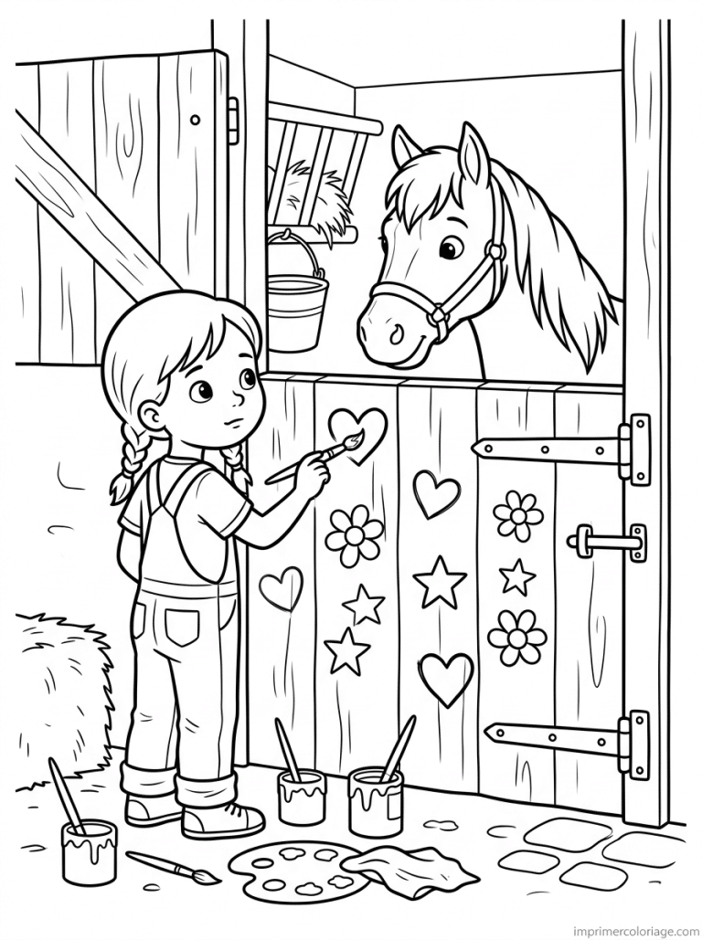 coloriage cheval fille decore box ecurie coeurs - dessin gratuit &agrave; imprimer