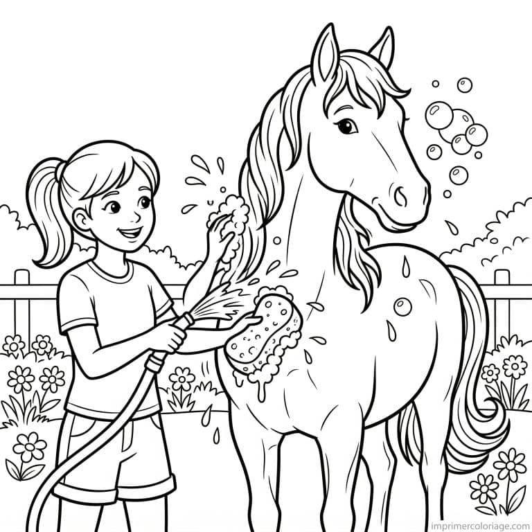 coloriage cheval fille douche ete bulles - dessin gratuit &agrave; imprimer