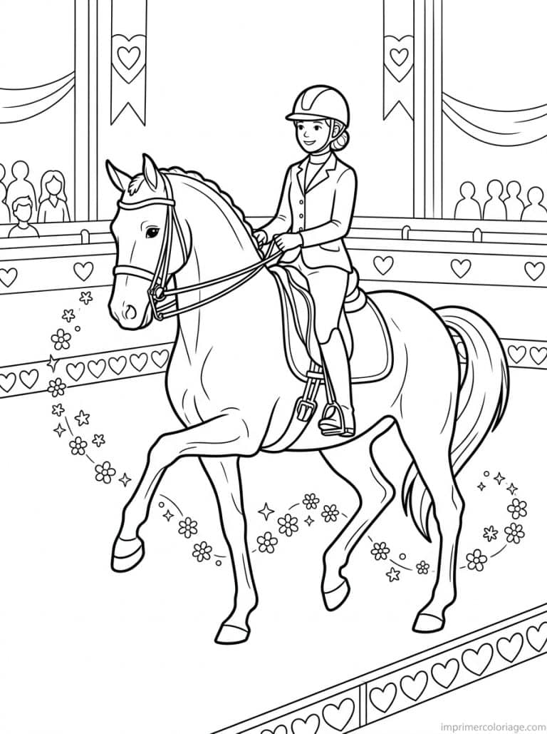 coloriage cheval fille dressage piaffe harmonie - dessin gratuit &agrave; imprimer