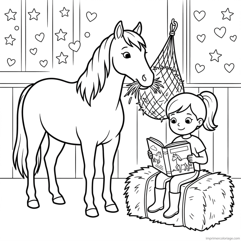 coloriage cheval fille ecurie foin livre etoiles - dessin gratuit &agrave; imprimer