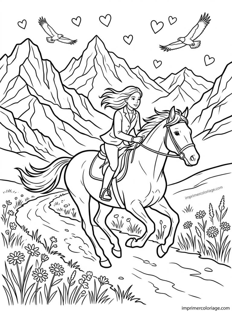 coloriage cheval fille galop montagne fleurs sauvages - dessin gratuit &agrave; imprimer