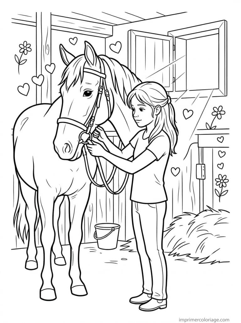 coloriage cheval fille met bridon ecurie matin - dessin gratuit &agrave; imprimer