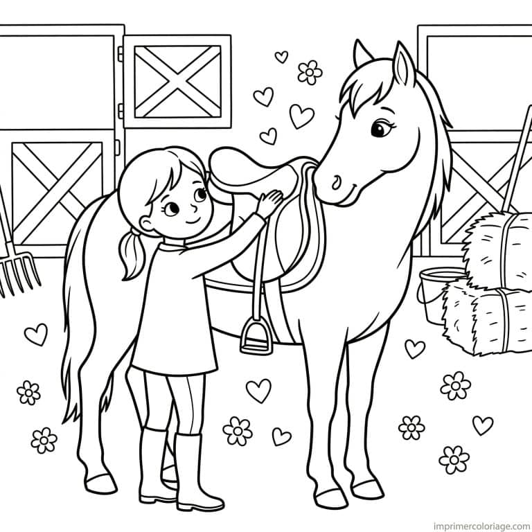 coloriage cheval fille met selle ecurie - dessin gratuit &agrave; imprimer