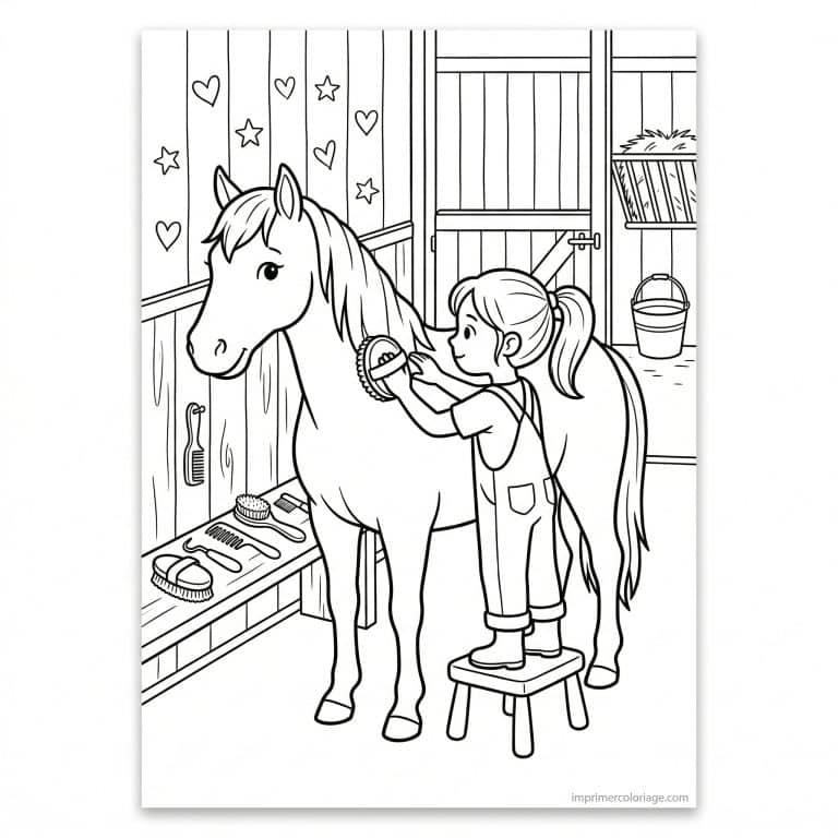 coloriage cheval fille pansage ecurie brosses - dessin gratuit &agrave; imprimer