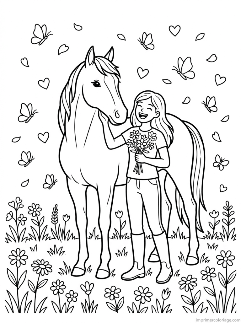 coloriage cheval fille photo champ fleurs papillons - dessin gratuit &agrave; imprimer