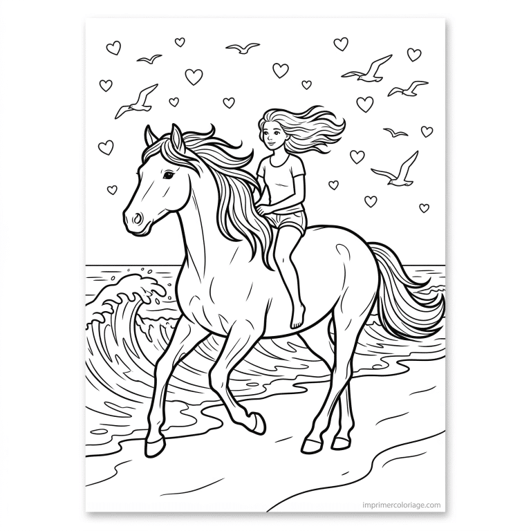 coloriage cheval fille plage criniere vagues - dessin gratuit &agrave; imprimer