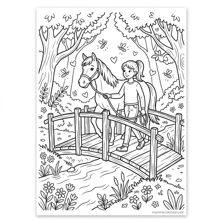 coloriage cheval fille pont foret magique lucioles - dessin gratuit &agrave; imprimer