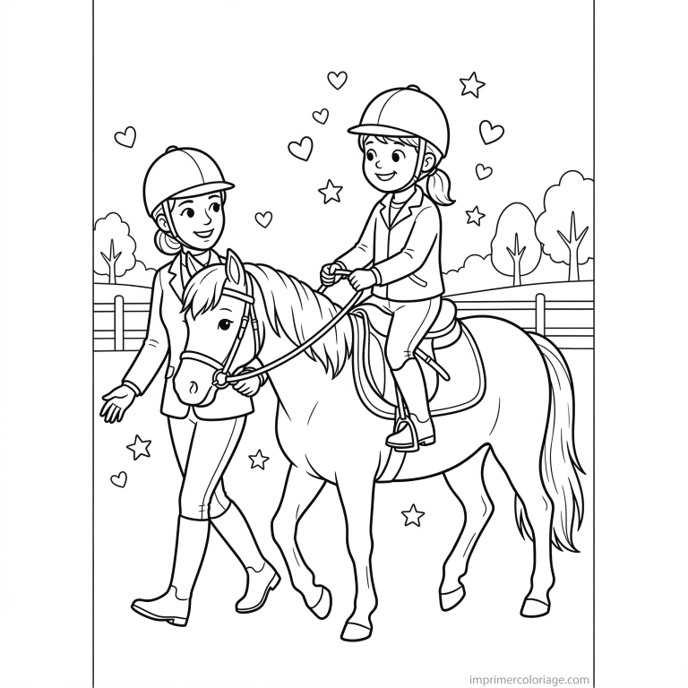 coloriage cheval fille premier cours equitation - dessin gratuit &agrave; imprimer
