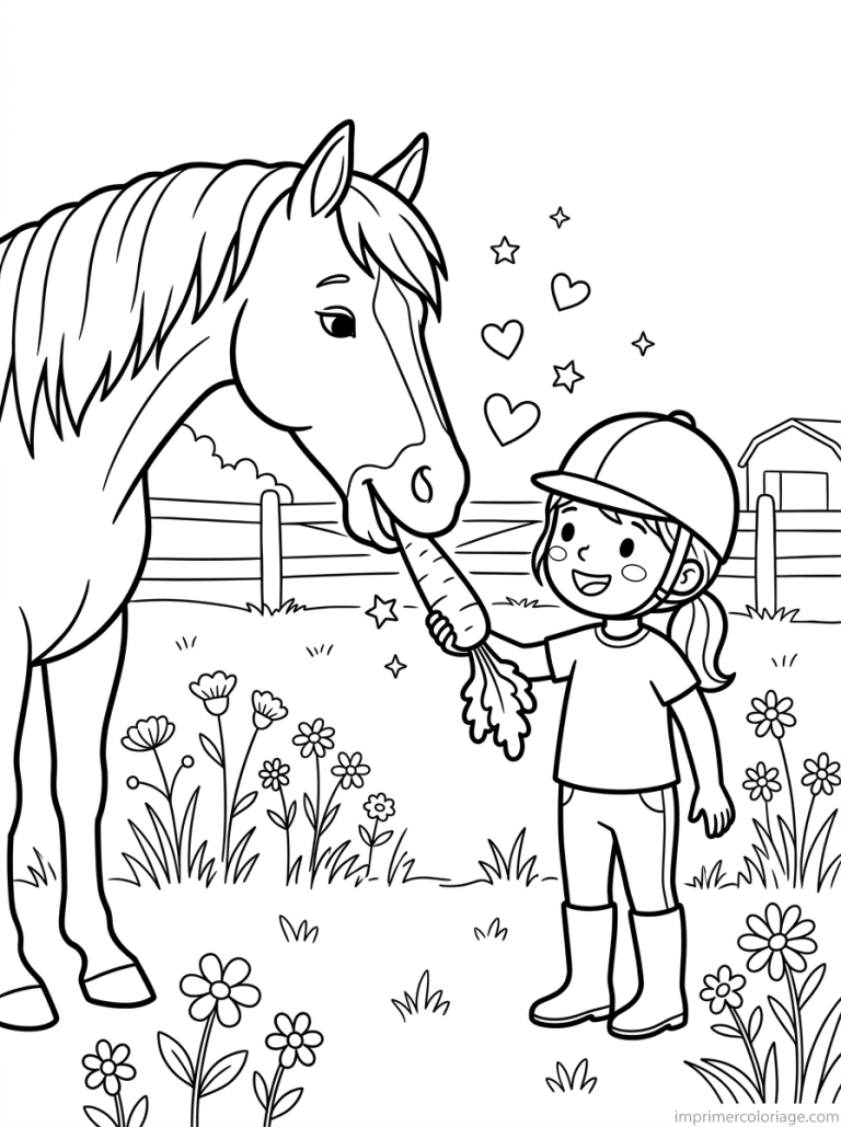coloriage cheval fille recompense carotte coeurs - dessin gratuit &agrave; imprimer