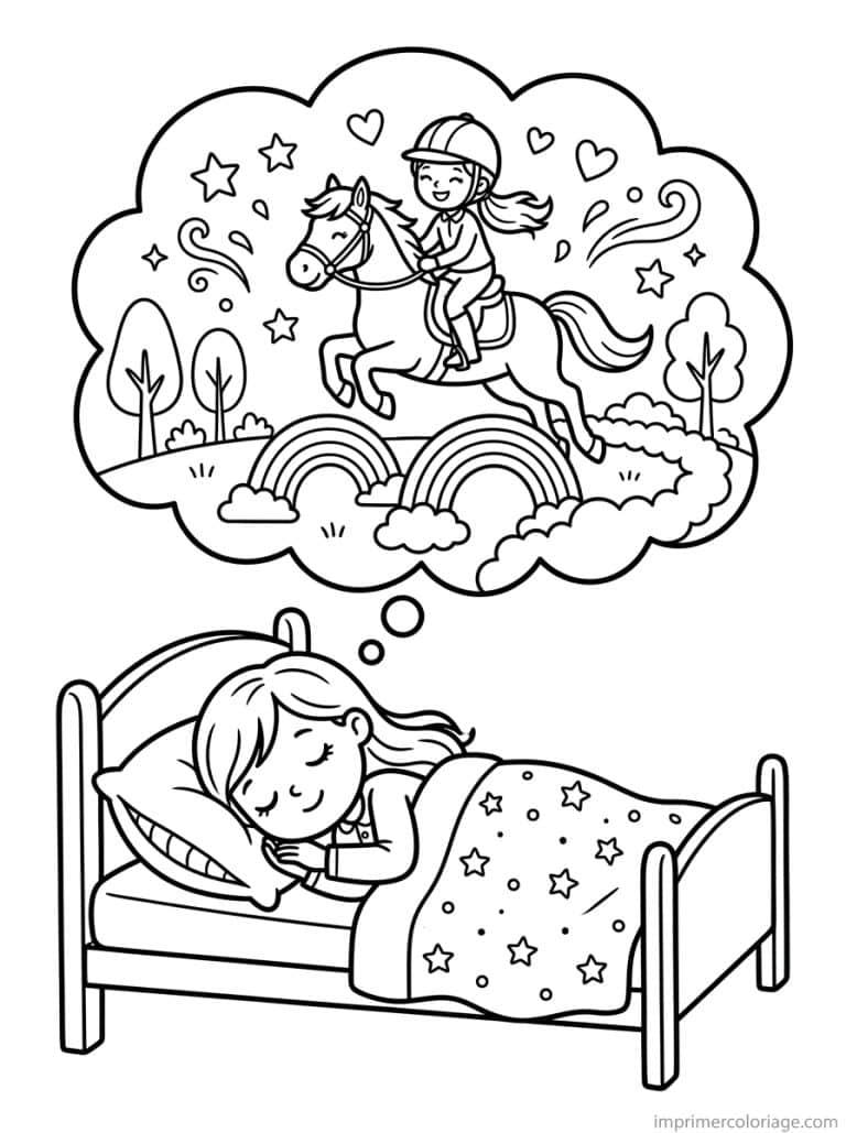 coloriage cheval fille reve nuit arc en ciel - dessin gratuit &agrave; imprimer