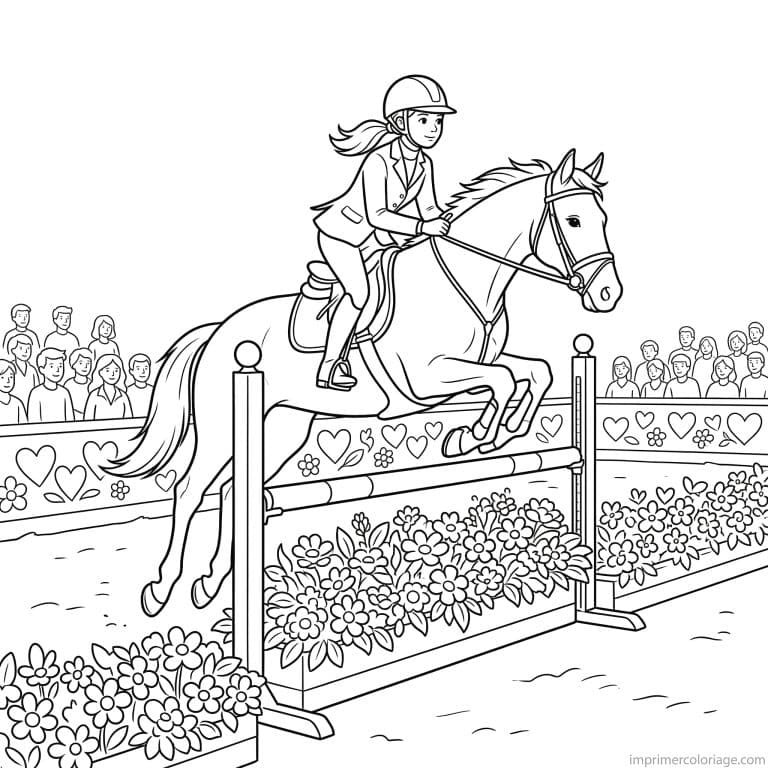 coloriage cheval fille saut obstacle concours - dessin gratuit &agrave; imprimer