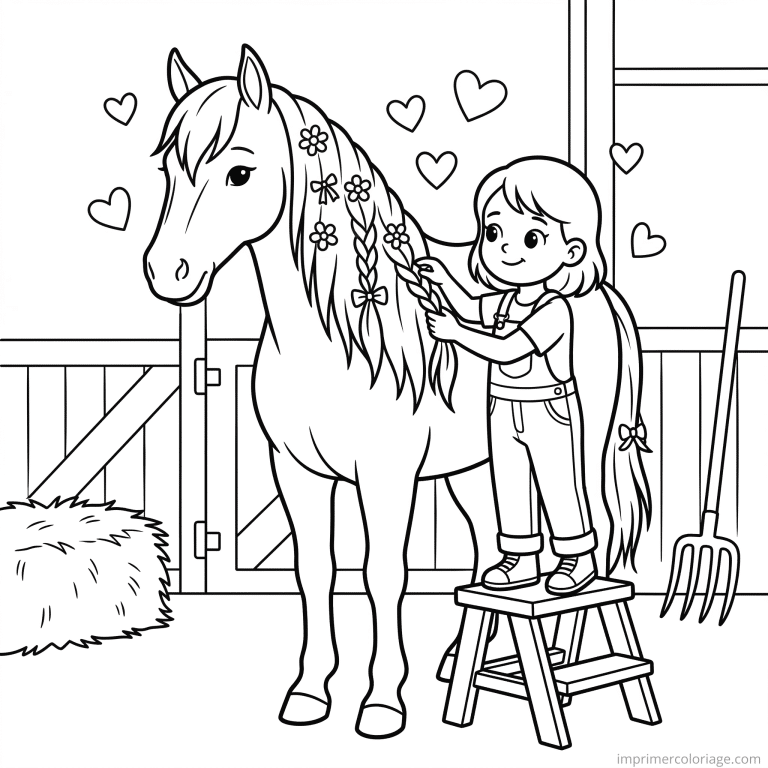 coloriage cheval fille tresse criniere rubans - dessin gratuit &agrave; imprimer