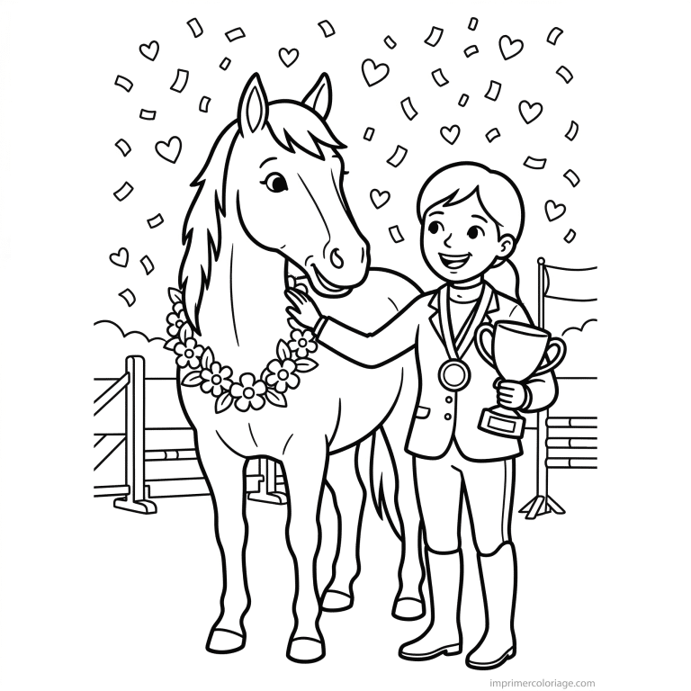 coloriage cheval fille victoire medaille trophee - dessin gratuit &agrave; imprimer