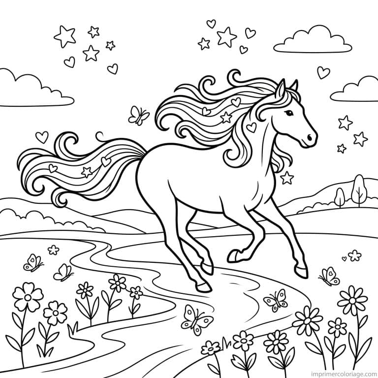 coloriage cheval galop prairie fleurs liberte - dessin gratuit &agrave; imprimer