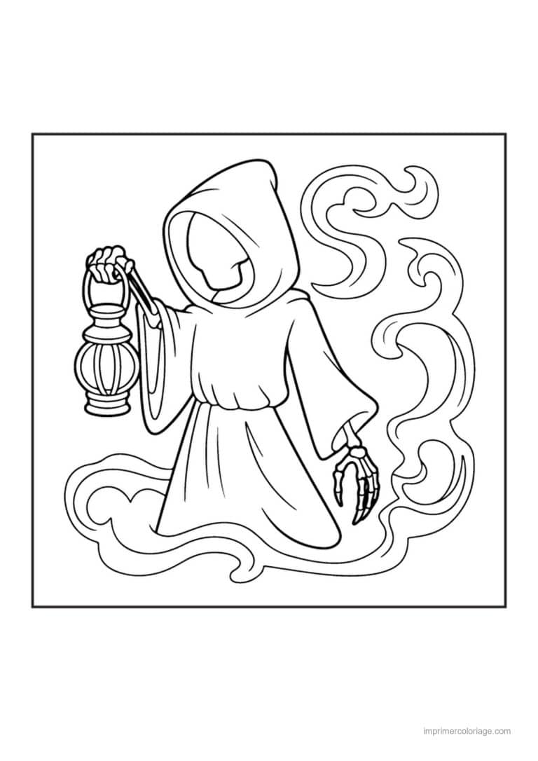 coloriage halloween horreur faucheuse encapuchonnee a la lanterne - dessin gratuit &agrave; imprimer