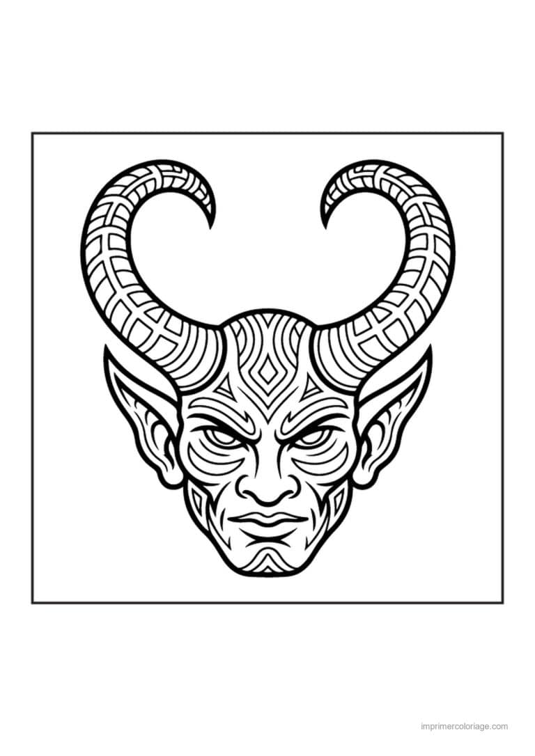 coloriage halloween horreur tete de demon aux grandes cornes - dessin gratuit &agrave; imprimer