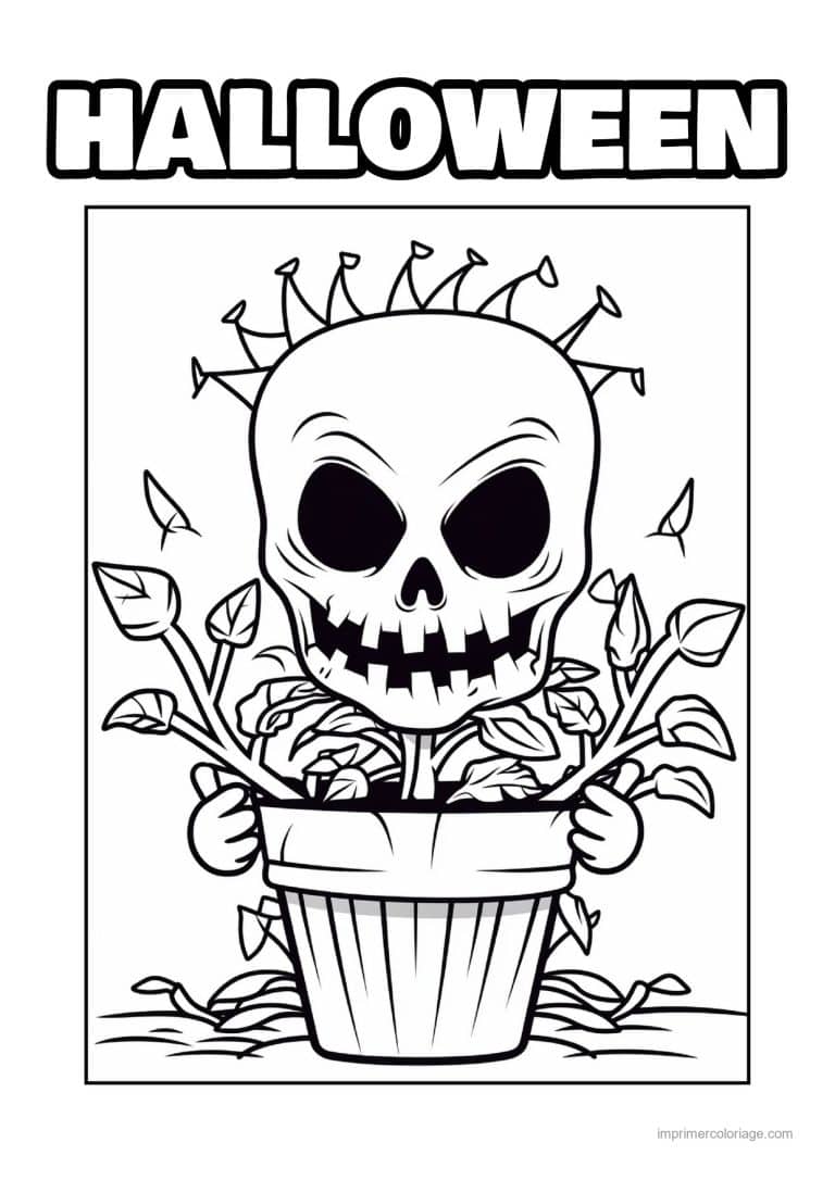 coloriage monstre crane fleuri en pot - dessin gratuit &agrave; imprimer