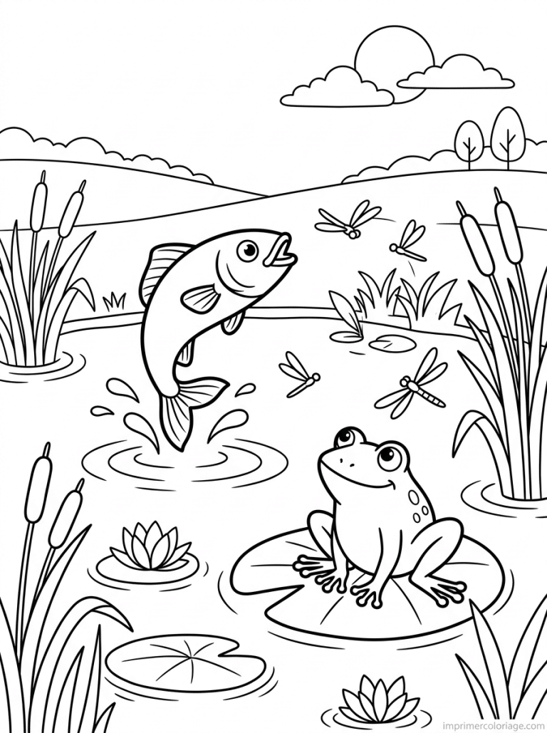 coloriage poisson etang grenouille saut - dessin gratuit &agrave; imprimer