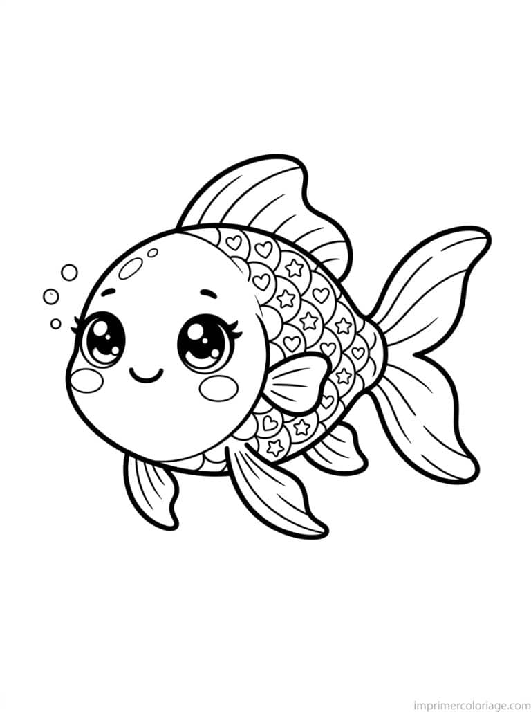 coloriage poisson kawaii ecailles coeurs - dessin gratuit &agrave; imprimer
