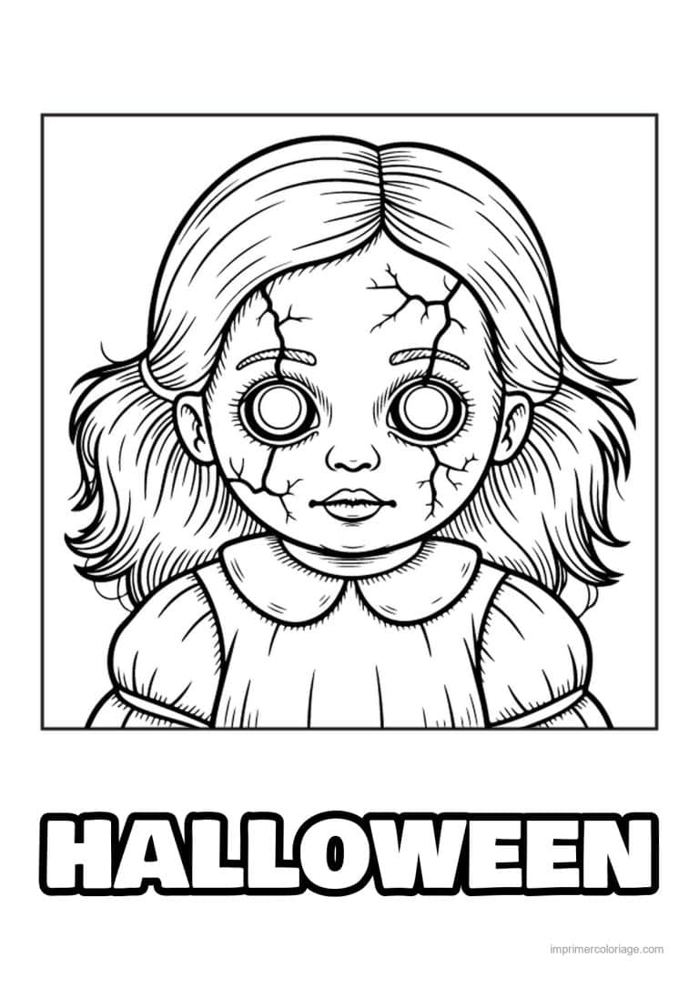 coloriage poupee halloween poupee au visage fissure - dessin gratuit &agrave; imprimer
