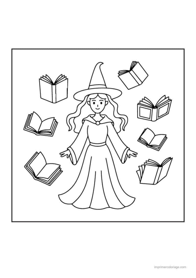 coloriage sorciere jeune sorciere et livres volants - dessin gratuit &agrave; imprimer