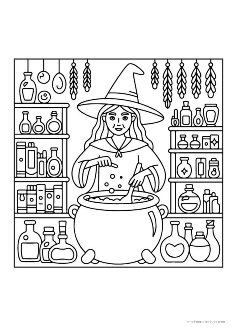 coloriage sorciere sorciere a l apothicairerie - dessin gratuit &agrave; imprimer