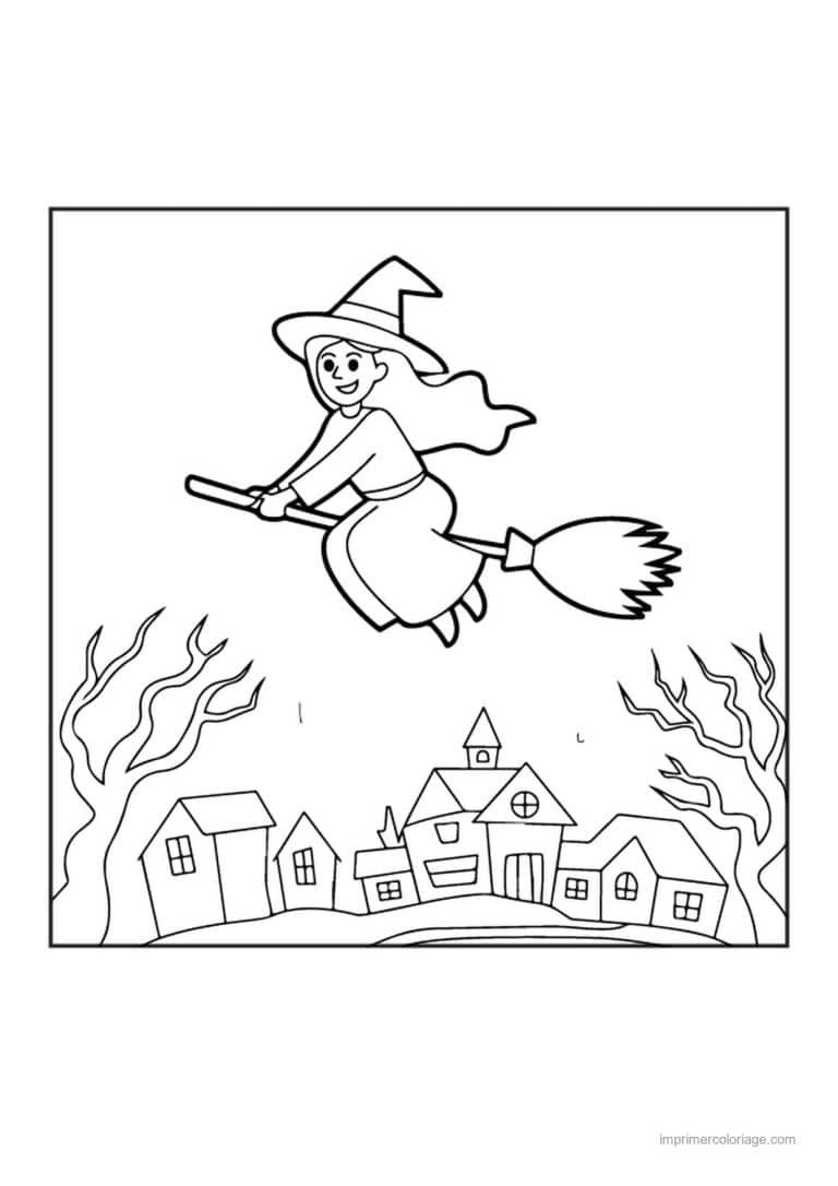 coloriage sorciere sorciere sur son balai au dessus du - dessin gratuit &agrave; imprimer