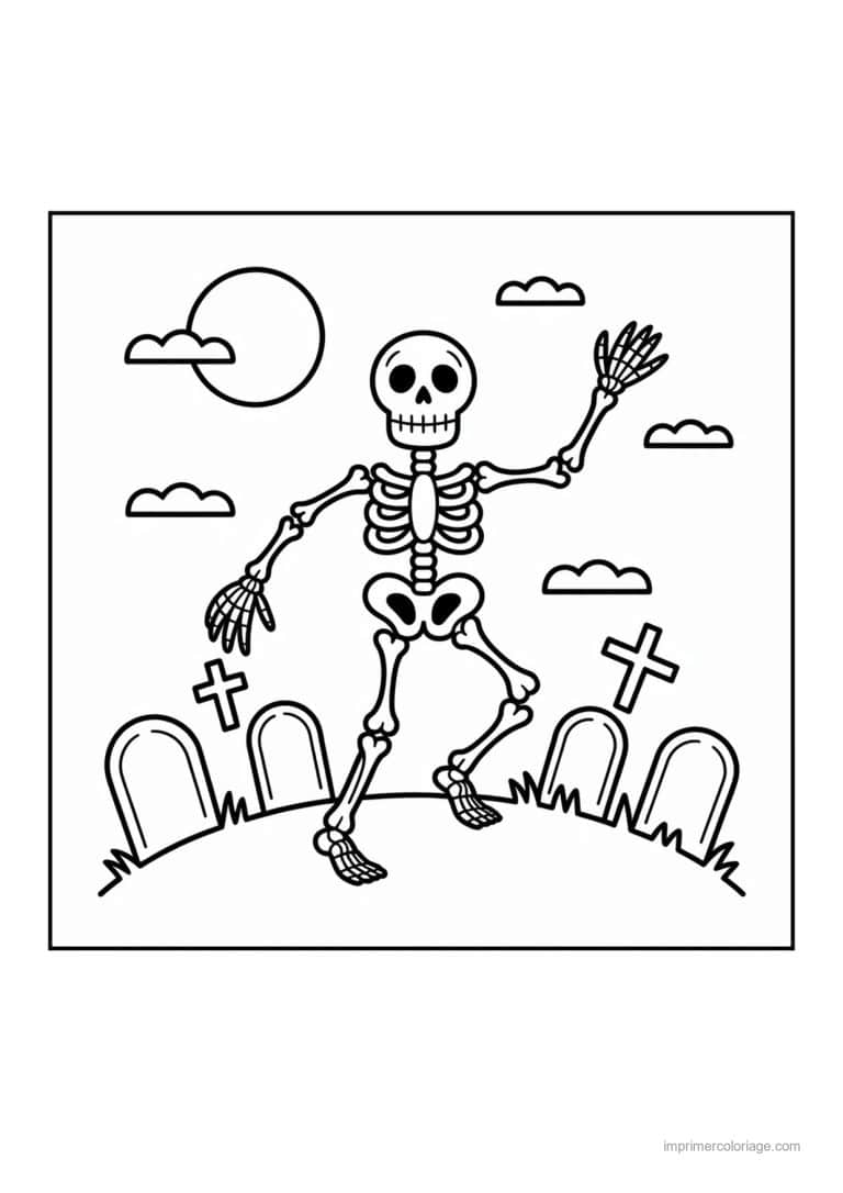 coloriage squelette squelette qui danse au cimetiere - dessin gratuit &agrave; imprimer