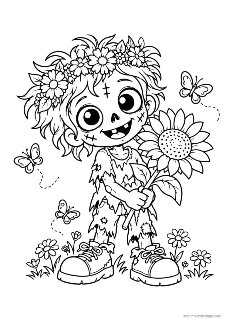 coloriage zombie cute couronne fleurs tournesol - dessin gratuit &agrave; imprimer