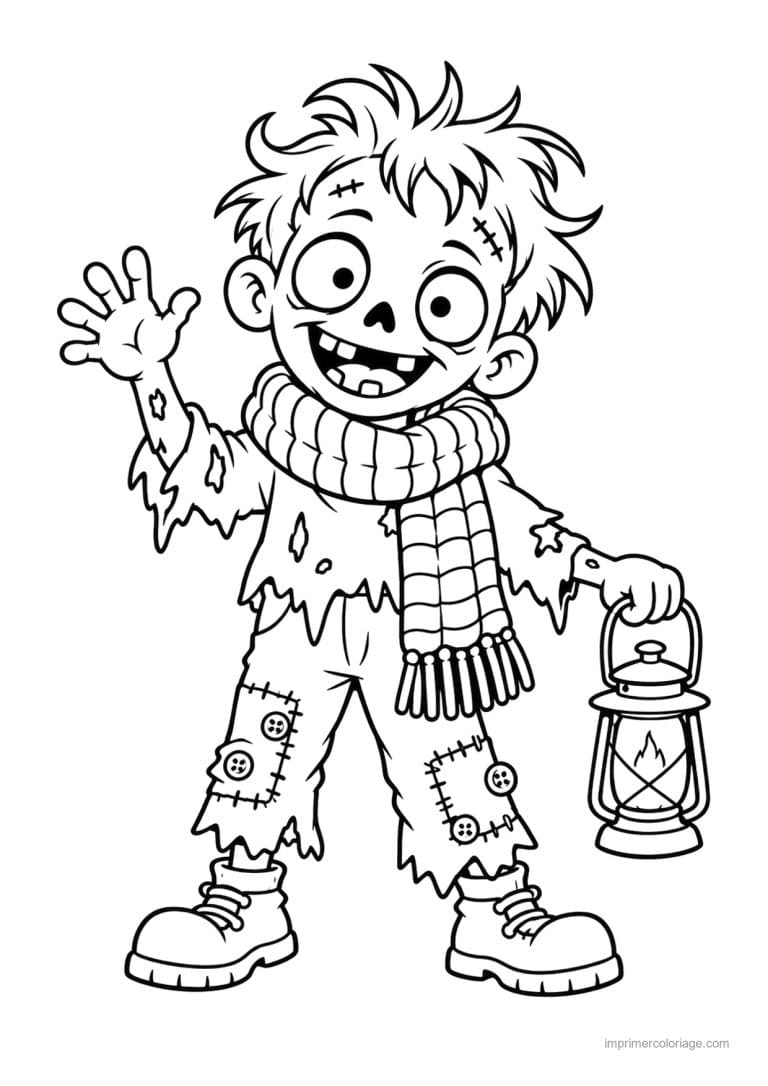 coloriage zombie cute echarpe lanterne sourire - dessin gratuit &agrave; imprimer
