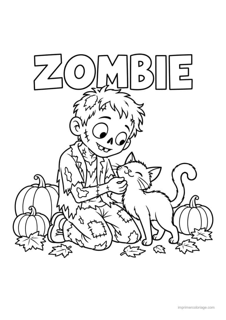 coloriage zombie friend ami chat noir citrouilles titre haut - dessin gratuit &agrave; imprimer