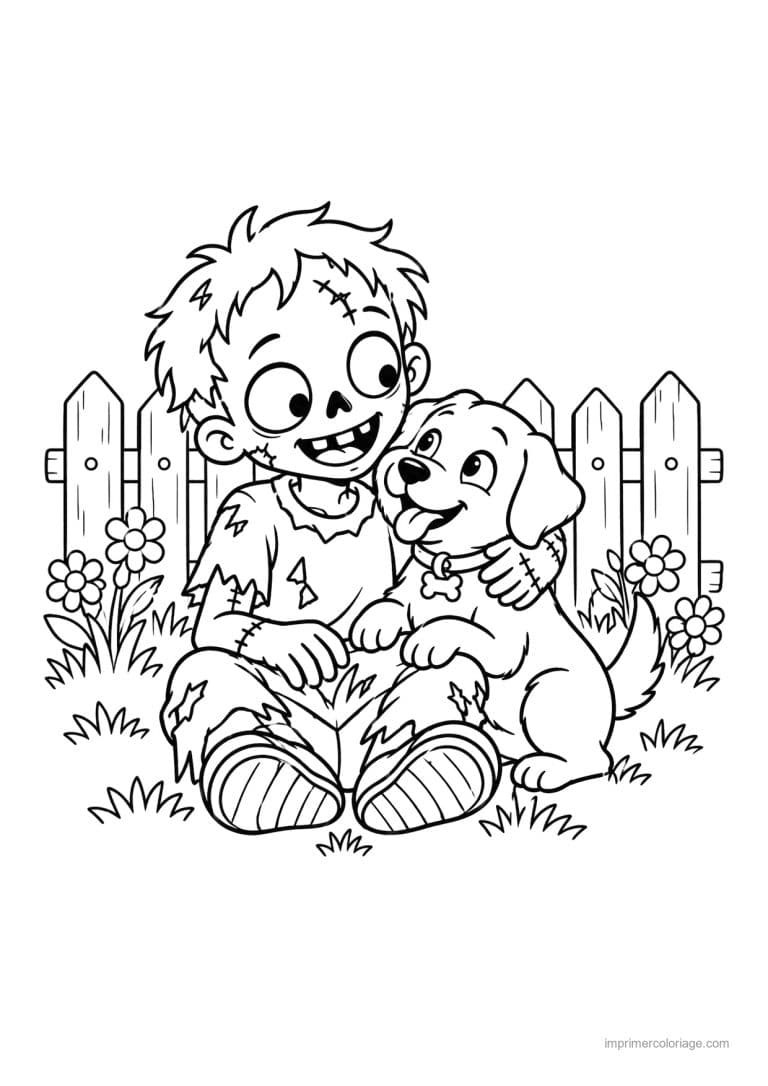 coloriage zombie friend ami chiot jardin - dessin gratuit &agrave; imprimer
